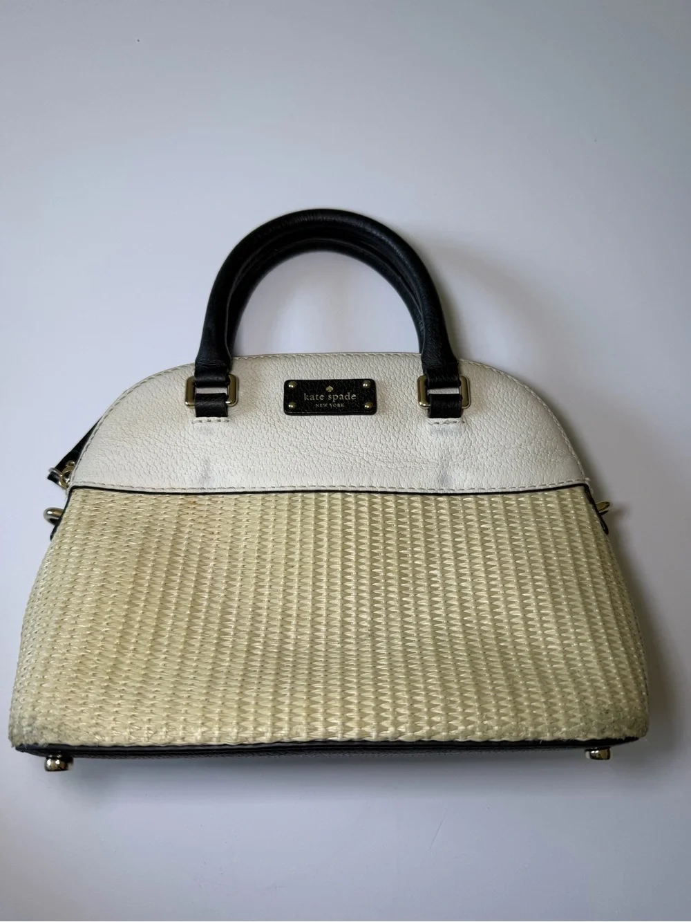 kate spade Cream and Black Woven Dome Satchel with Gold Hardware